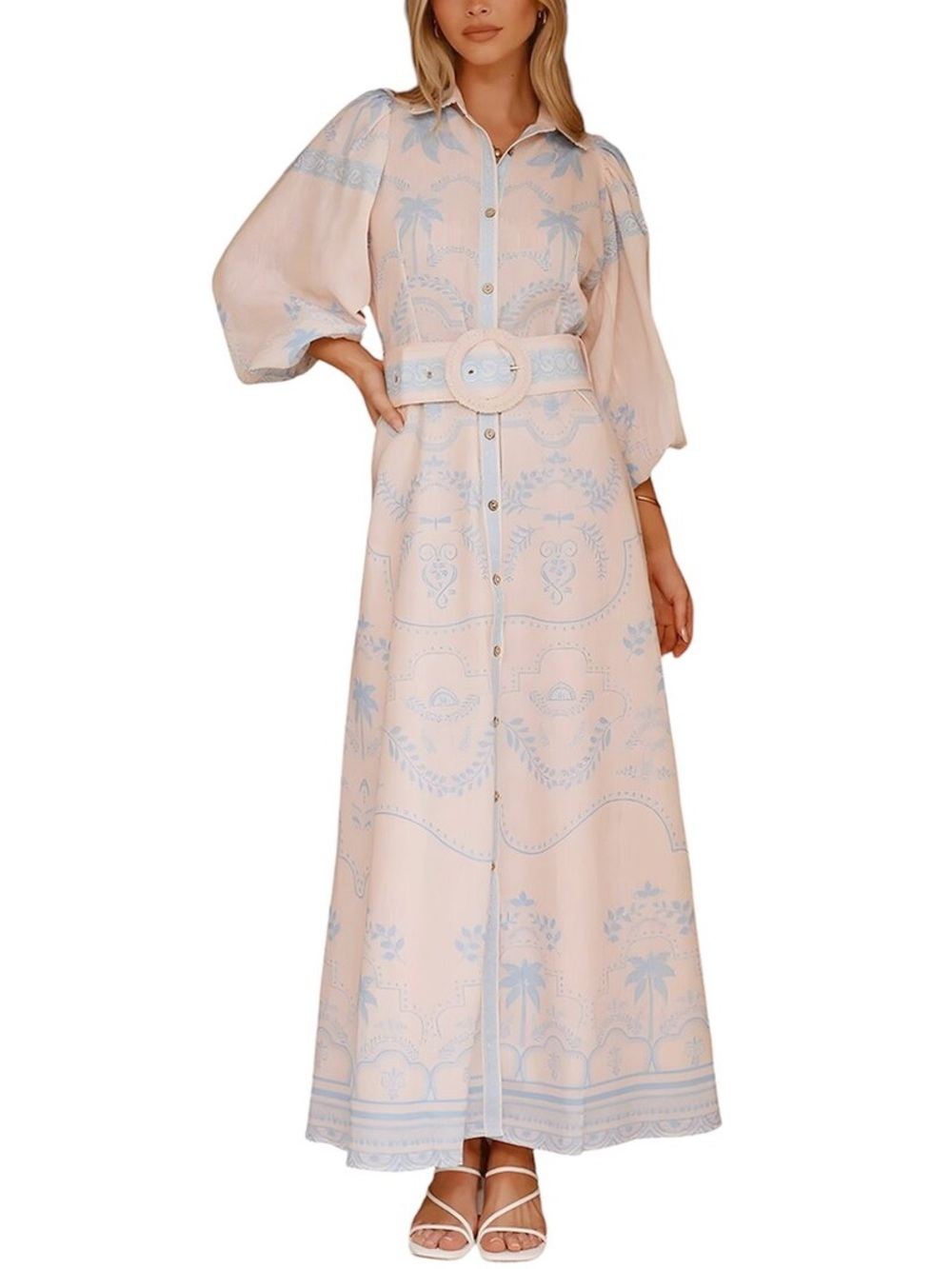 SundayUp Maxi Belted Shirt Dress Button-Front Puff Sleeve Blush with Blue Sz L